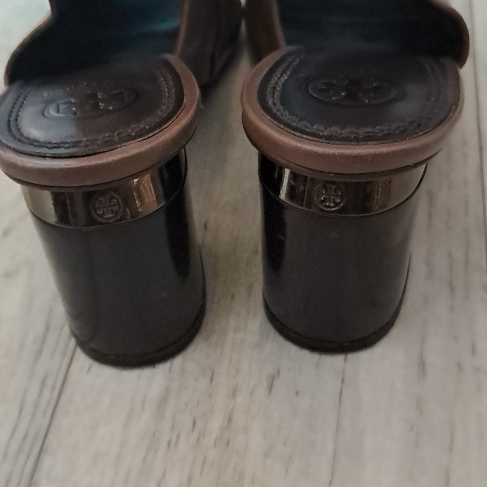 Tory Burch Slingback Saddle Leather Block Heal Mule Sandle Mushroom Size 8.5 - Picture 6 of 10